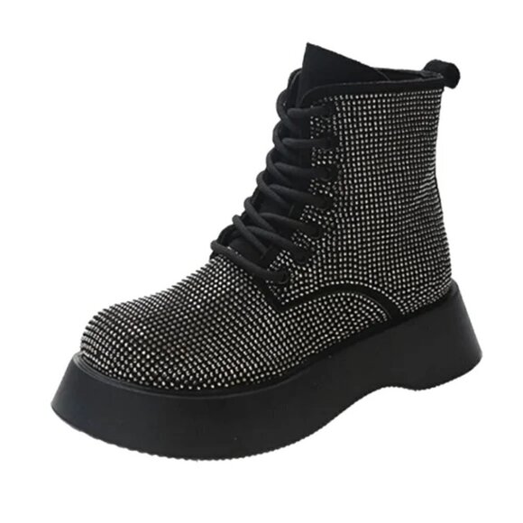NEW SILVER SPARKLY LACE UP COMBAT BOOTS - Picture 1 of 6